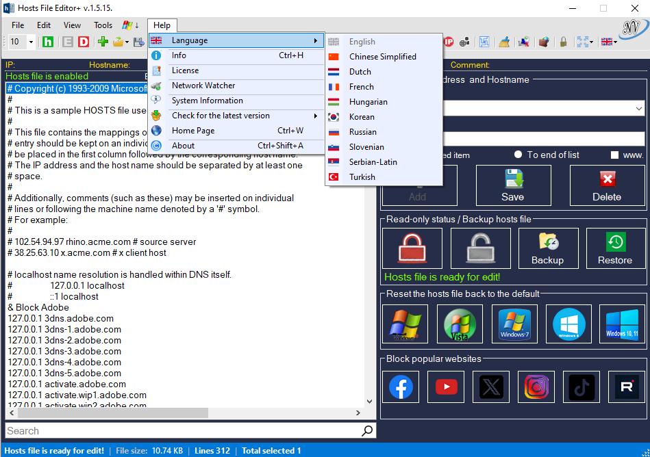 Viewing Hosts File Editor+ v.1.5.10 - OlderGeeks.com Freeware Downloads